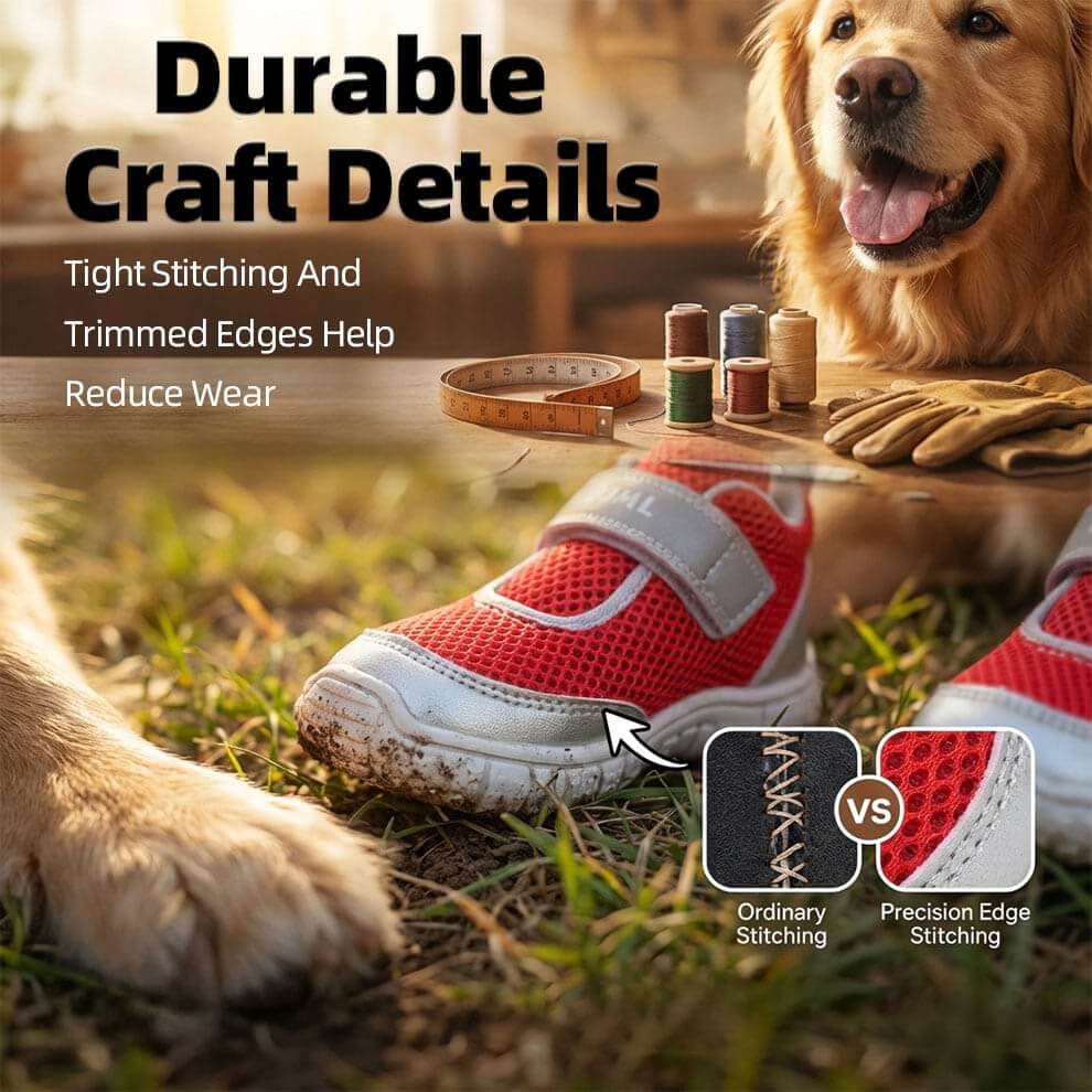Comparison of precision stitching versus ordinary stitching on Mesh Dog Shoes.