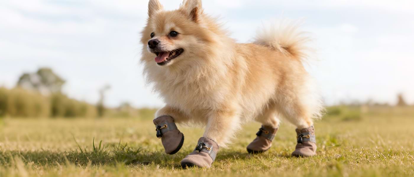 Pomeranian trotting across the grass in Durable dog shoes. The adjustable toggle ensures the socks stay on securely during active play and running.