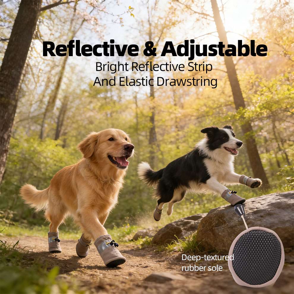Border Collie playing on rocky terrain, highlighting the deep-textured rubber sole of these Durable dog shoes for outdoor hiking.