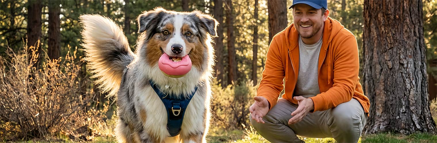 An Australian Shepherd holding the pink donut toy during outdoor play, showing that this interactive treat dispenser is also one of the best durable dog toys for fetch and recall training.