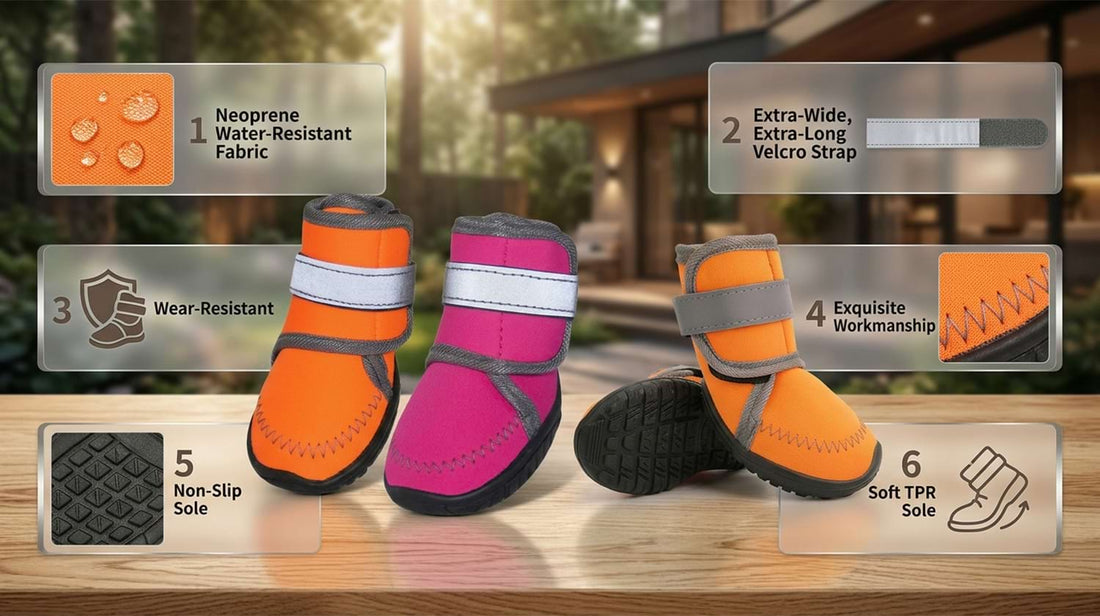 Durable neoprene dog booties highlighting exquisite workmanship, wear-resistant fabric, and extra-long velcro straps for a secure fit.