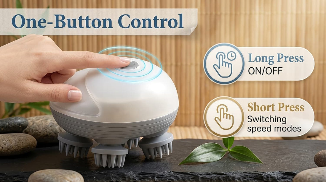 Easy one-button pet massager demonstrating simple controls for turning on, off, and switching between relaxing speed modes.