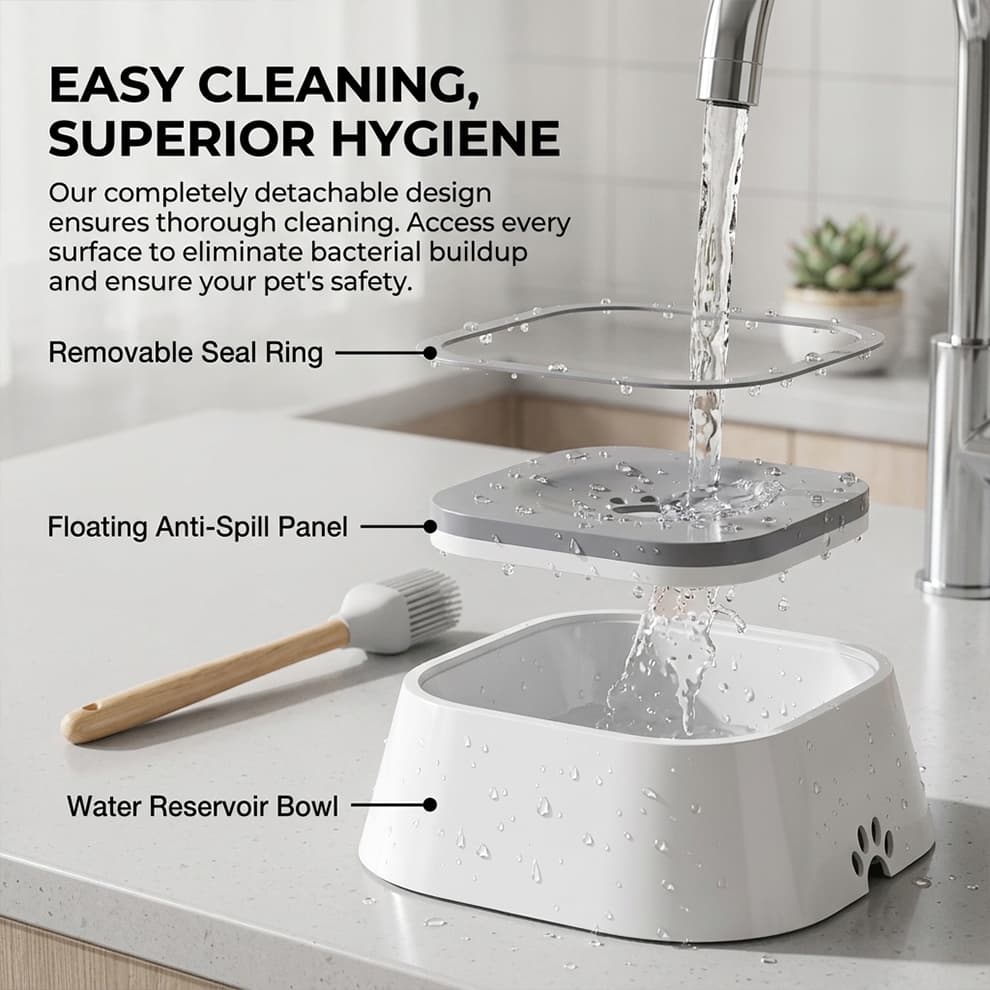 Easy-to-clean detachable dog bowl shown under running water, featuring a removable seal ring and floating panel for superior daily hygiene.