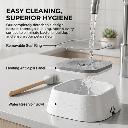 Easy-to-clean detachable dog bowl shown under running water, featuring a removable seal ring and floating panel for superior daily hygiene.