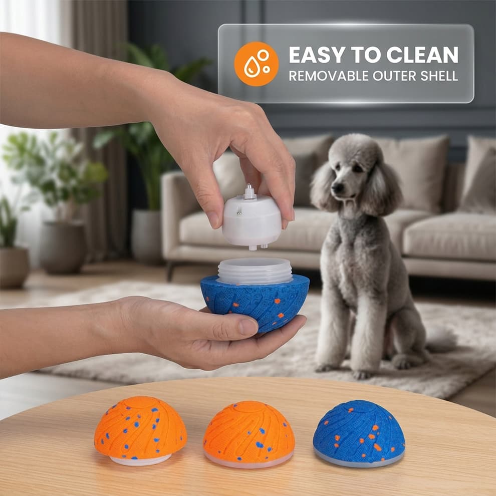 Easy-to-clean washable dog ball with a removable outer shell, making it simple to maintain hygiene after muddy outdoor play sessions.