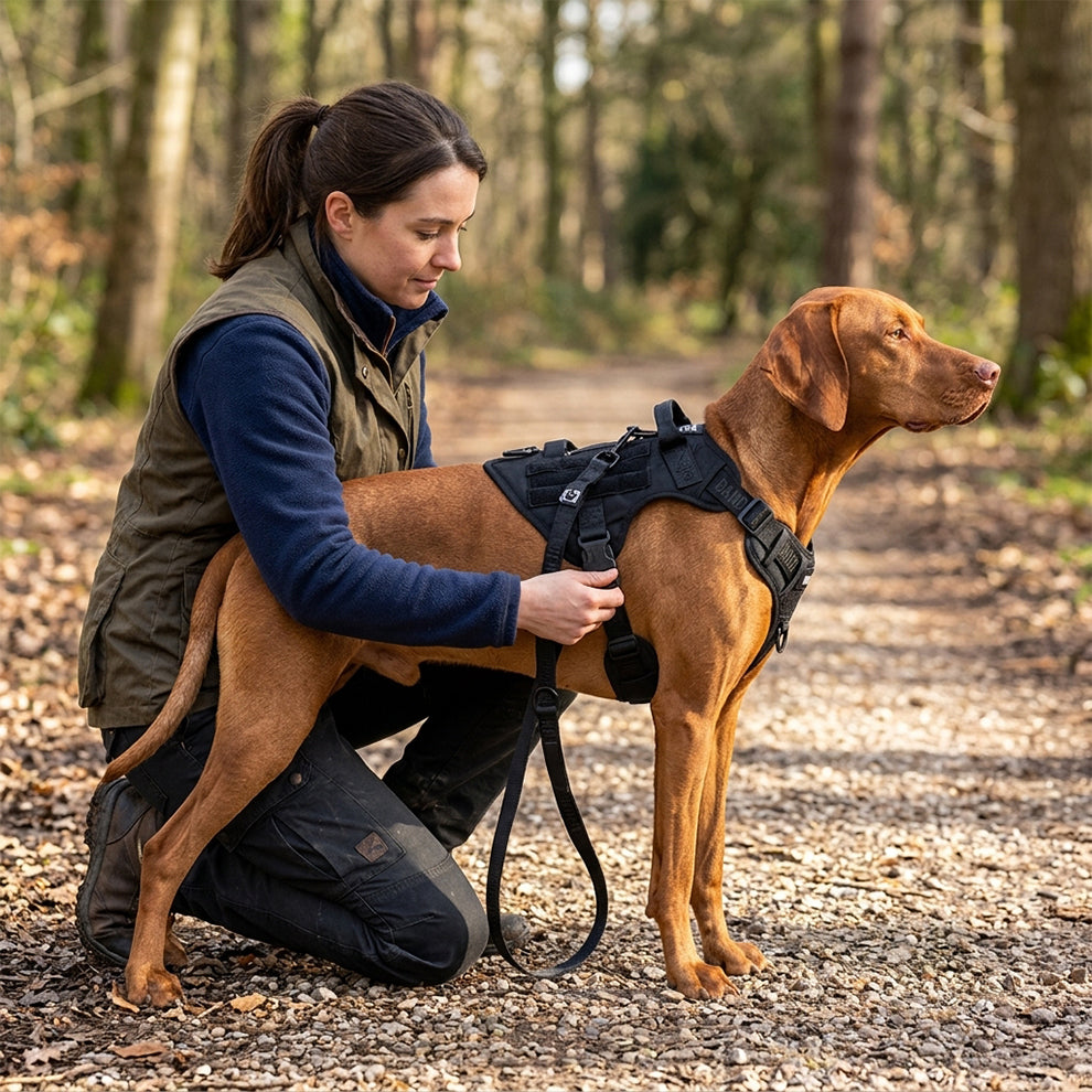 Easy to put on tactical dog harness being adjusted on a brown dog by its owner before a safe and controlled woodland walk.