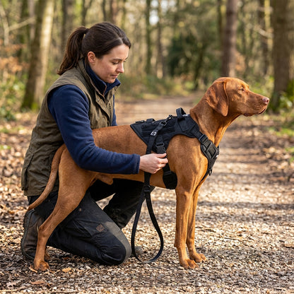 Easy to put on tactical dog harness being adjusted on a brown dog by its owner before a safe and controlled woodland walk.