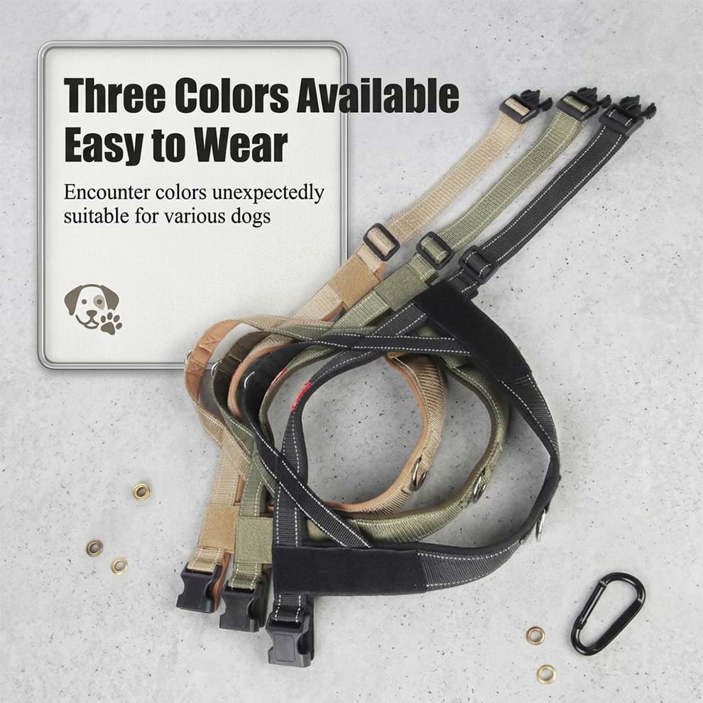 Easy to wear and adjustable straps of the saddle bag harness for dogs, showing three versatile colors unexpectedly suitable for various dogs.