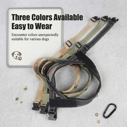 Easy to wear and adjustable straps of the saddle bag harness for dogs, showing three versatile colors unexpectedly suitable for various dogs.