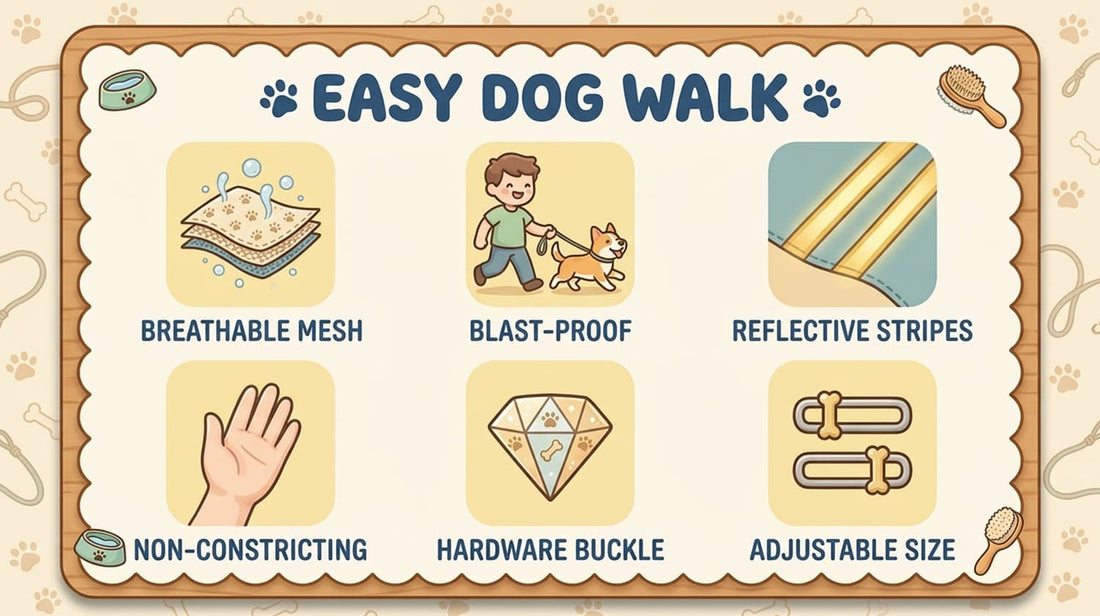 Key features of the easy walk small dog harness, including breathable mesh, no-pull design, reflective stripes, and secure hardware buckles.