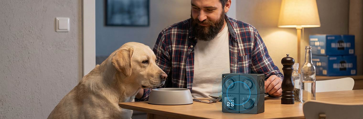 Peaceful dining experience with a calm dog after using the Ultrasonic Bark Deterrent, featuring a clear LCD display.