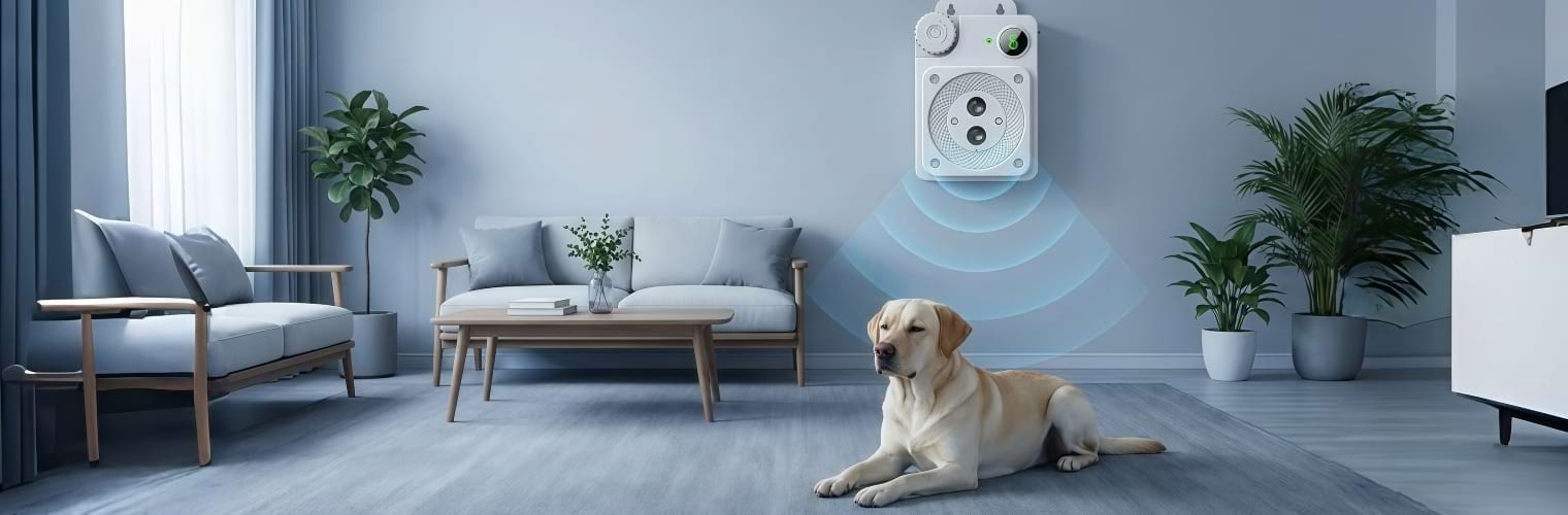 A calm Labrador resting quietly as the Ultrasonic Dog Bark Control emits safe blue waves. Demonstrates the immediate, humane results of the Dog Silencer in creating a peaceful home.