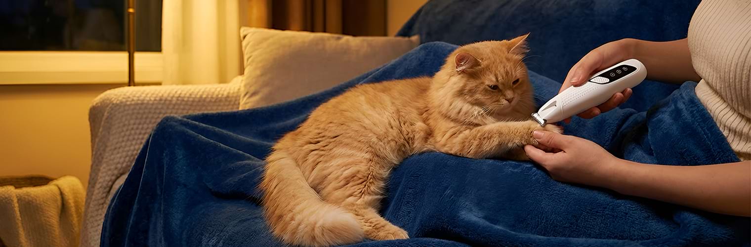 Using the precision dog paw clippers to gently trim hair between a cat's toe pads, showing the safe ceramic blade design that prevents cuts on sensitive paws.