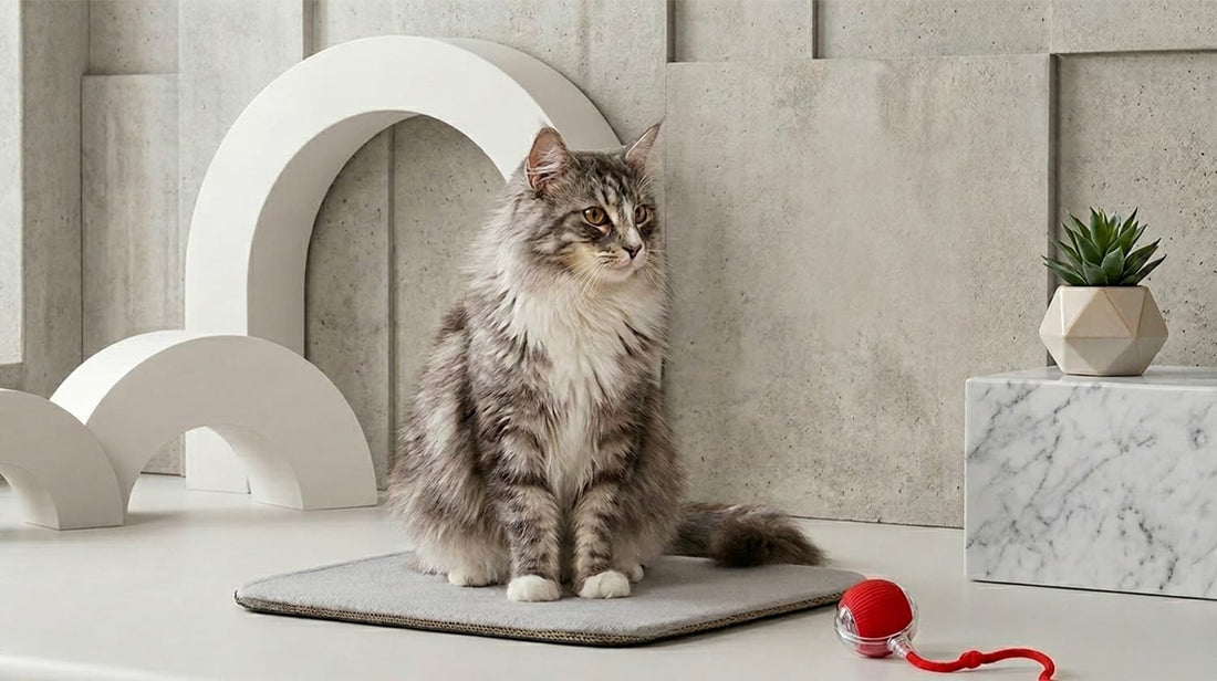 Electronic kitten toy acting as a fun daily companion for a fluffy cat, keeping indoor pets active even when you are not home.