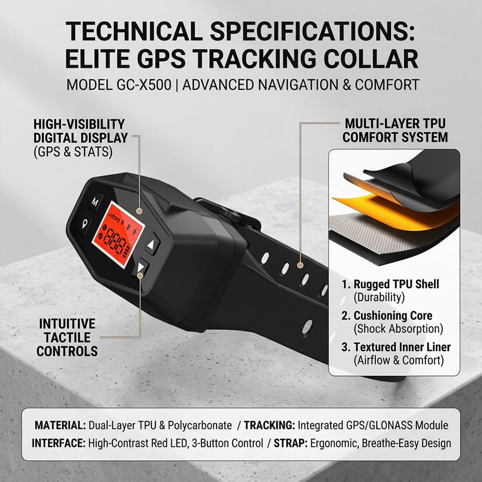 Technical specifications for the elite GPS tracking collar, highlighting the multi-layer TPU comfort system and rugged durability.