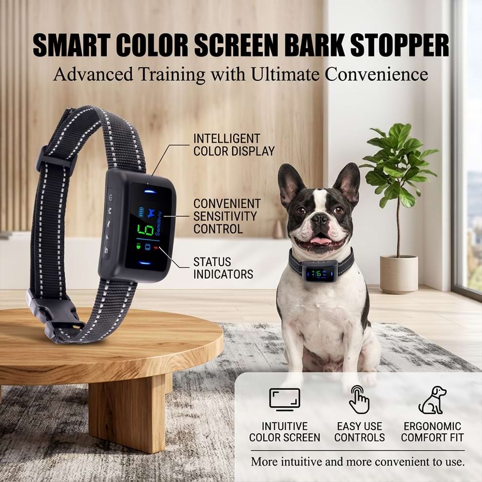 Ergonomic anti-bark training collar worn by a French Bulldog, highlighting the intelligent color display and convenient sensitivity control for advanced training.