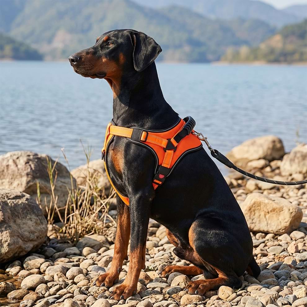 Escape-proof dog harness perfectly fitted on a Doberman sitting by the water, showcasing its rugged and durable outdoor construction.