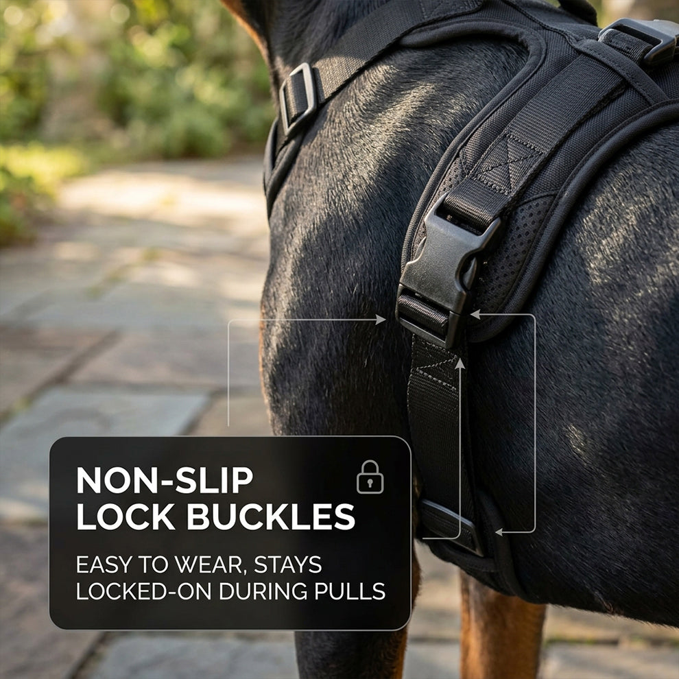 Escape proof dog harness equipped with non-slip lock buckles, making it easy to wear and ensuring it stays locked-on during heavy pulls.