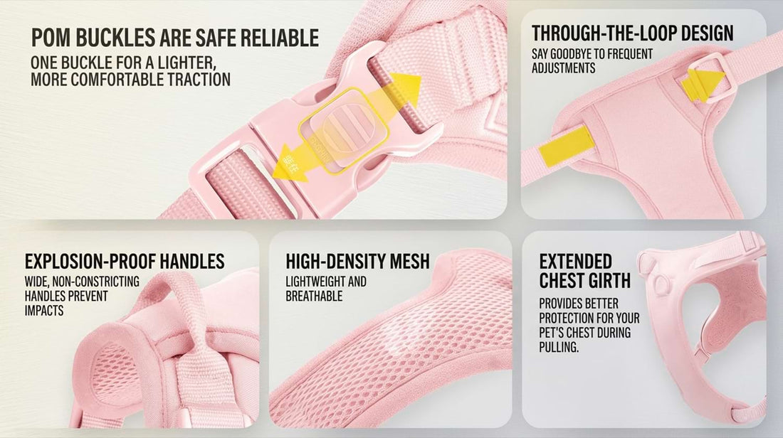 Escape-proof dog harness safety features including reliable POM buckles, wide handles to prevent impacts, and an extended chest girth.