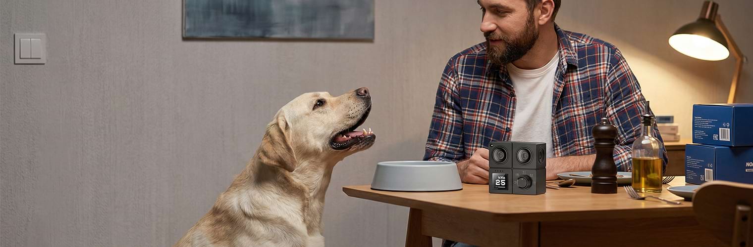 Frustrated owner dealing with excessive dog barking at the dinner table, showing the need for effective bark control.