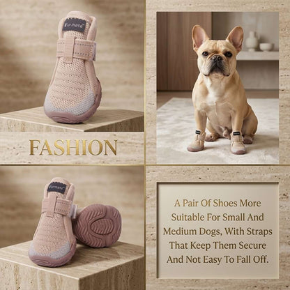 Fashionable dog shoes in beige worn by a French Bulldog, specifically designed with secure straps for small and medium dogs so they won't fall off.