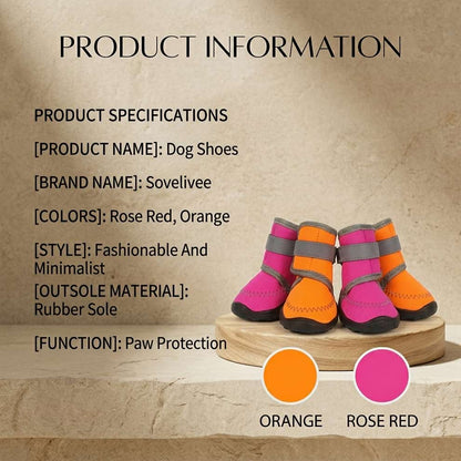 Fashionable dog shoes available in rose red and orange, offering a minimalist style with robust rubber soles for ultimate paw protection.