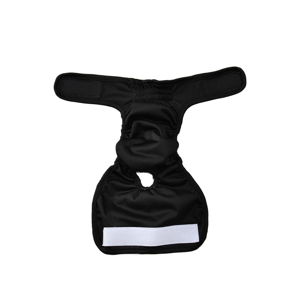 Female dog diapers in black shown open, highlighting the convenient tail hole and adjustable velcro for a secure, custom fit.