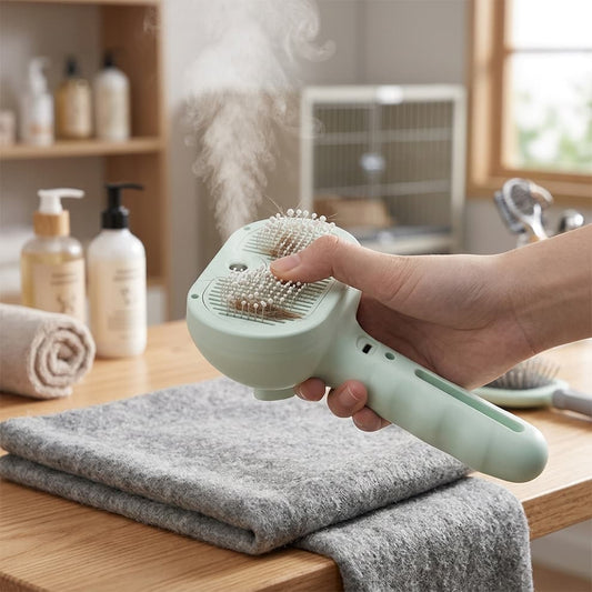Close-up of the fine mist steamy dog brush, showing the effortless one-touch spray that moisturizes pet hair to prevent tangles.