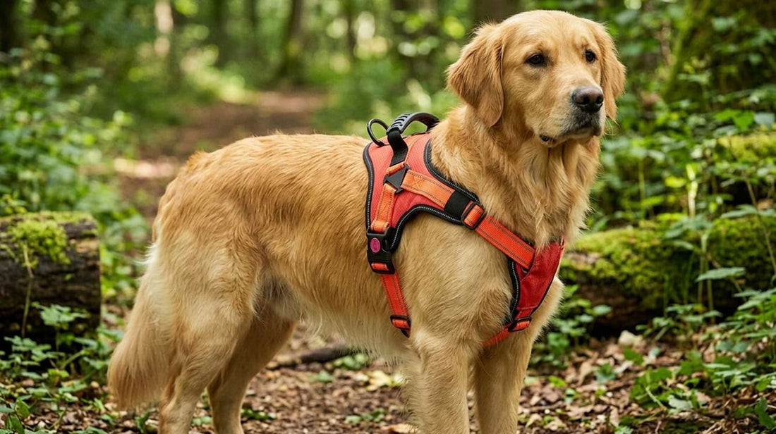 Premium no pull dog harness worn by a Golden Retriever, featuring reinforced stitching and a padded chest plate for ultimate comfort.