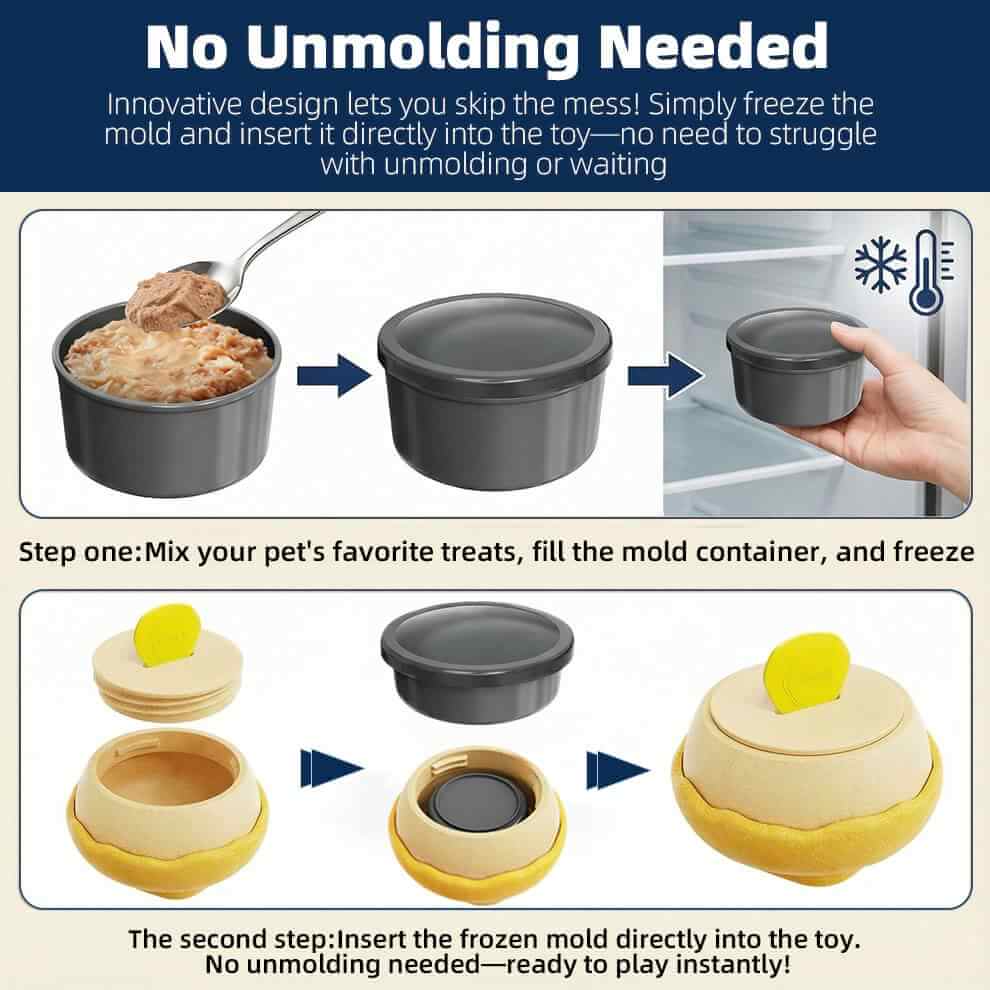 How to use frozen dog toys: fill the mold, freeze, and insert without unmolding.