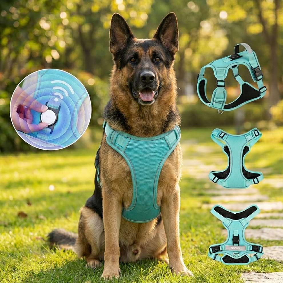 German Shepherd wearing the dog harness with Airtag holder, showcasing the secure locator protection for safe outdoor adventures.