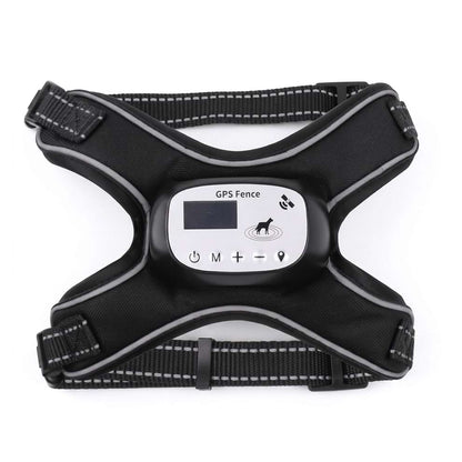 GPS Dog Collar Fence integrated into a comfortable adjustable harness system, featuring a smart digital receiver for safe outdoor pet containment.