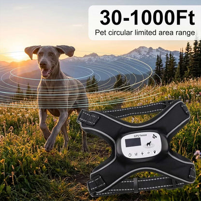 GPS dog collar fence providing a secure circular limited area range from 30 to 1000Ft, allowing dogs to roam freely in open outdoor spaces.