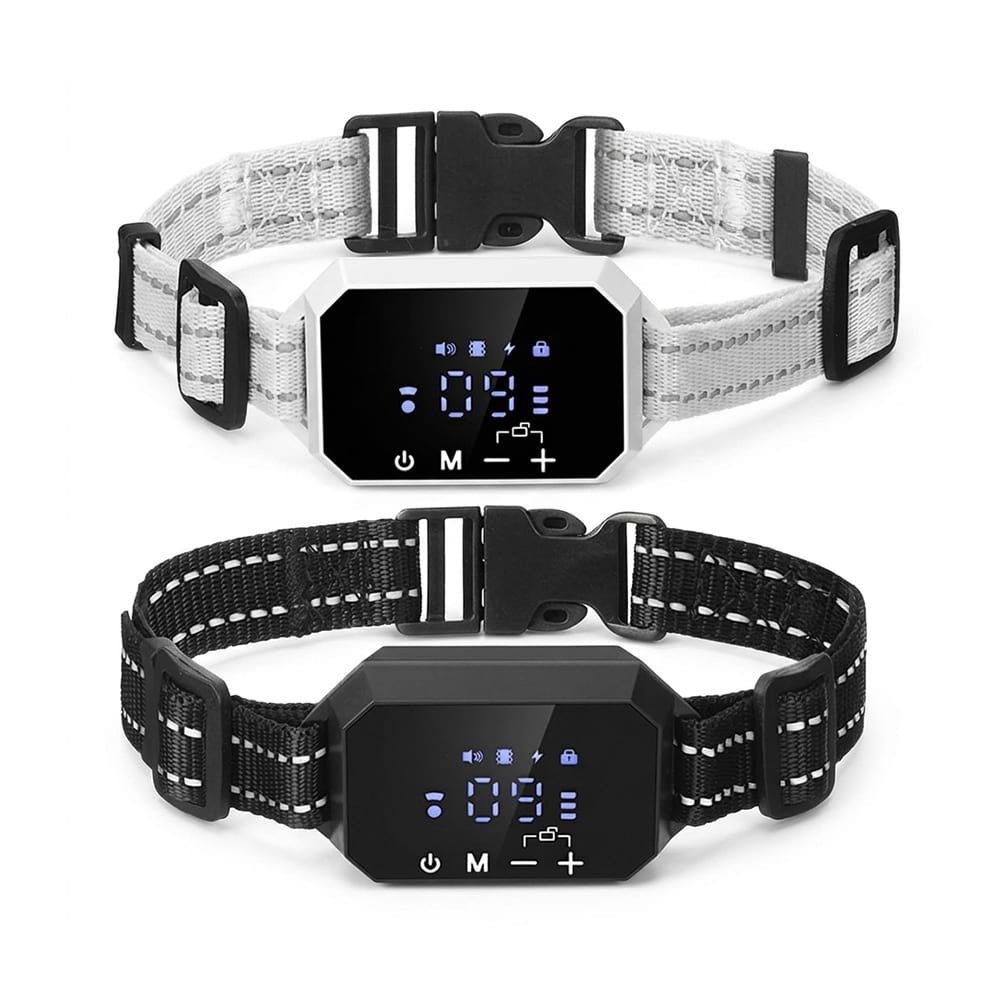 GPS Dog Fence Collar featuring two smart wireless receivers in black and white with digital displays for safe outdoor pet containment.