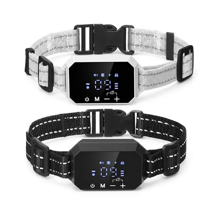 GPS Dog Fence Collar featuring two smart wireless receivers in black and white with digital displays for safe outdoor pet containment.