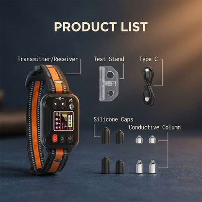 Complete product list for the GPS dog fence, including the transmitter receiver, Type-C charging cable, test stand, and safe silicone caps for comfort.