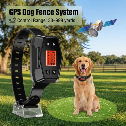 GPS dog fence system with a control range of 33 to 999 yards, demonstrating satellite tracking on a Golden Retriever in a grassy yard.