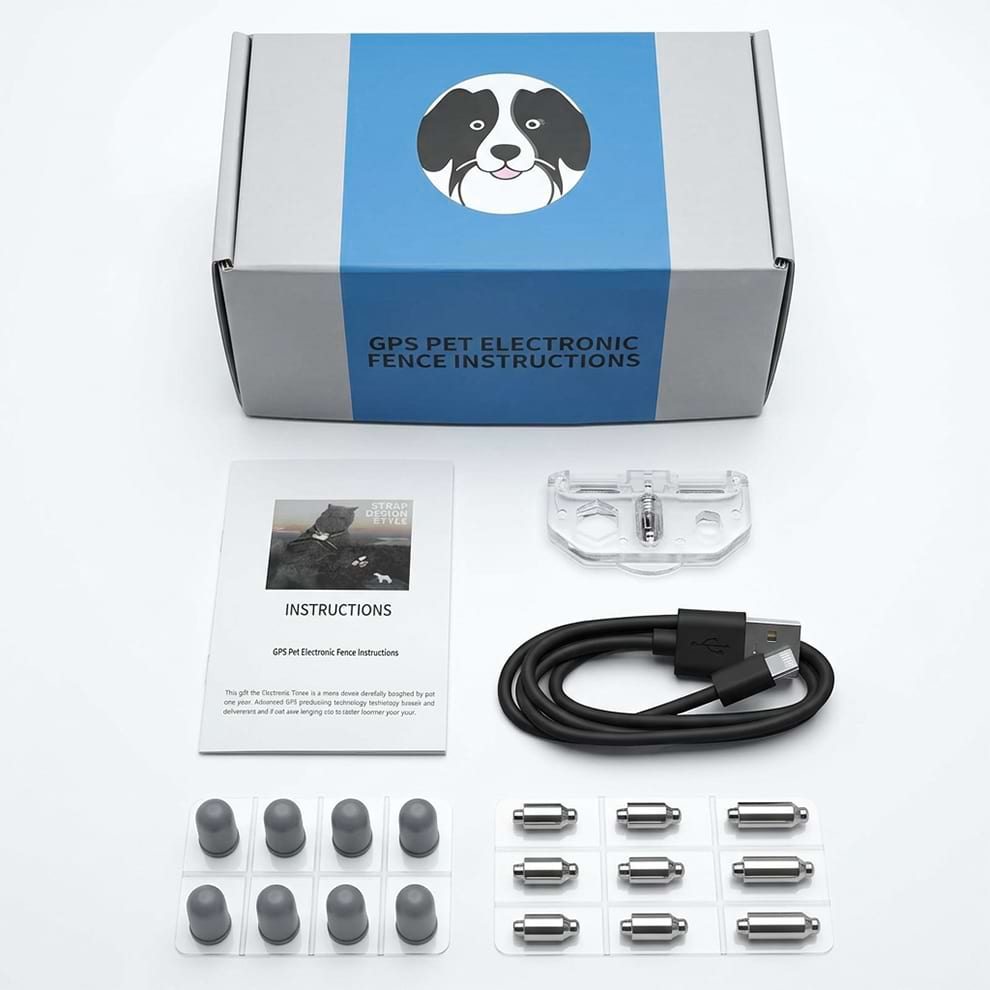 Complete kit for the GPS pet electronic fence, including the smart receiver, adjustable strap, charging cable, and silicone caps for sensitive dogs.
