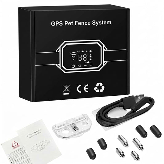 Complete kit for the GPS pet fence system, including the smart receiver collar, charging cable, test tool, and safe silicone caps.