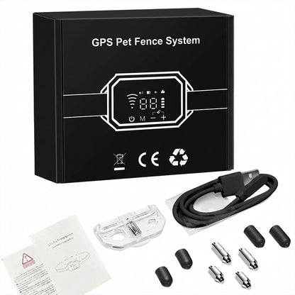 Complete kit for the GPS pet fence system, including the smart receiver collar, charging cable, test tool, and safe silicone caps.
