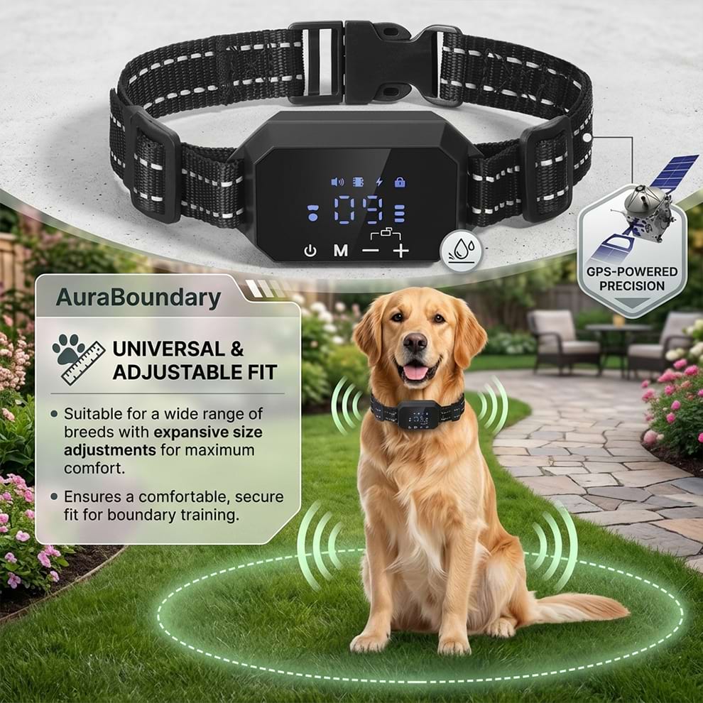 GPS-powered precision dog boundary collar worn by a Golden Retriever, featuring a universal and adjustable fit for maximum comfort.