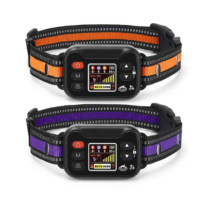 GPS Wireless Dog Fence featuring two smart collar receivers in orange and purple with digital displays for safe outdoor pet containment.