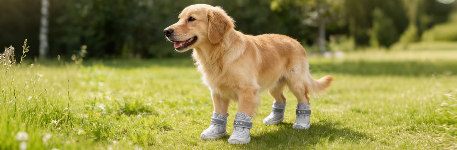 A Golden Retriever standing comfortably in gray Summer Dog Boots, showcasing the breathable mesh design for Heat Protection for Dog Paws.