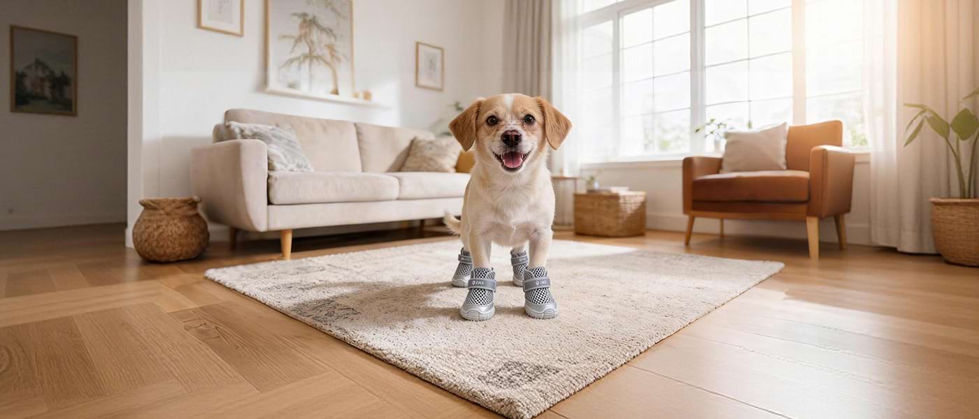 Small dog standing confidently on a rug wearing Gray Mesh Dog Shoes, demonstrating excellent Indoor Traction and comfort.