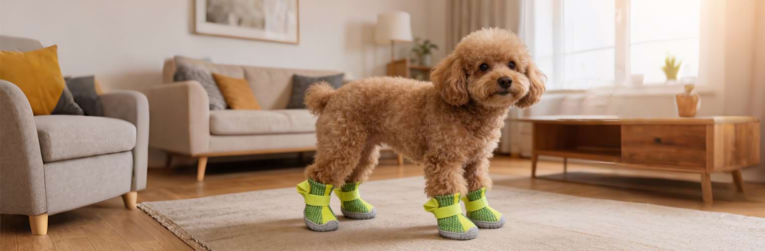 Brown Toy Poodle standing in a sunlit room wearing Green Breathable Dog Boots that are soft and lightweight.