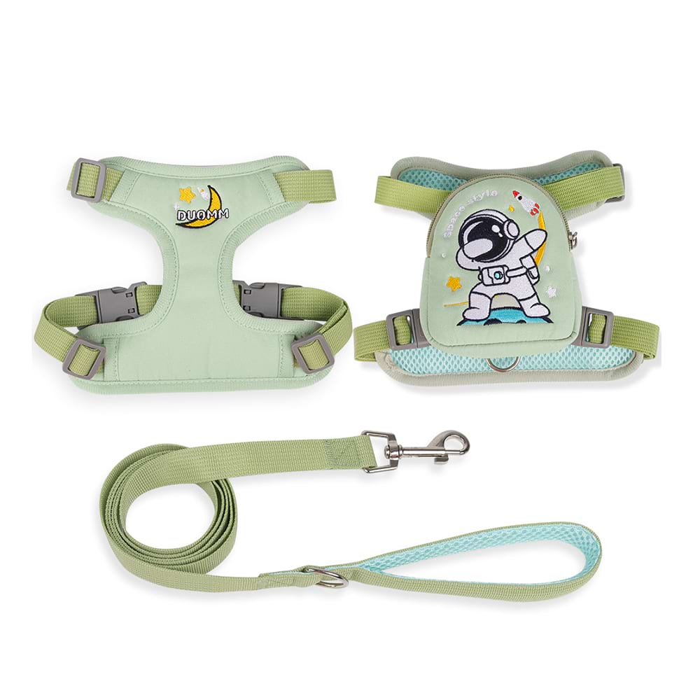Green cute dog harness with backpack, featuring a secure double-sided buckle and a matching leash for safe and easy walking.