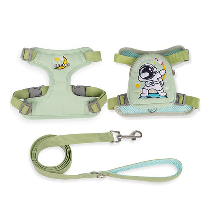Green cute dog harness with backpack, featuring a secure double-sided buckle and a matching leash for safe and easy walking.