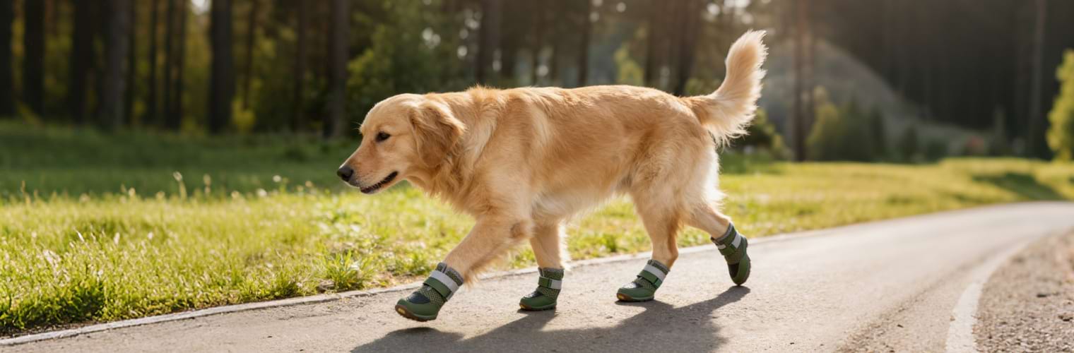 Golden Retriever walking comfortably on a hot paved road wearing Army Green Dog Boots for Hot Pavement, protecting paws from heat and rough asphalt during daily walks.
