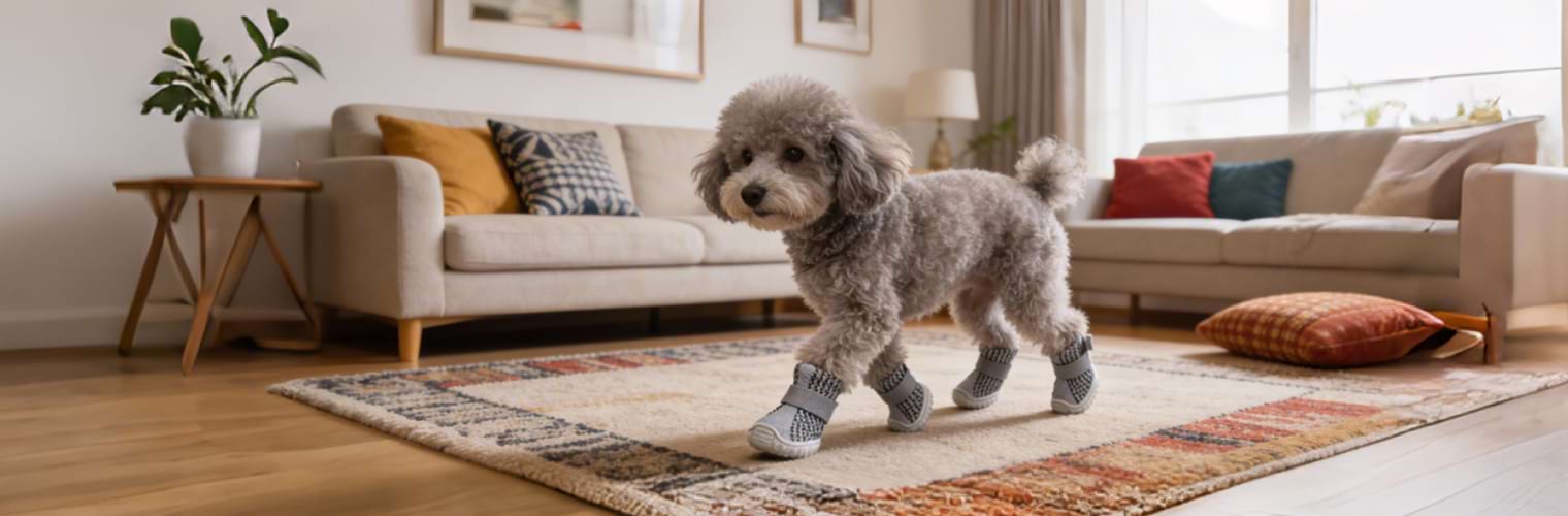 Grey Poodle walking across a living room rug in Grey Indoor Dog Shoes designed for hardwood floor traction.