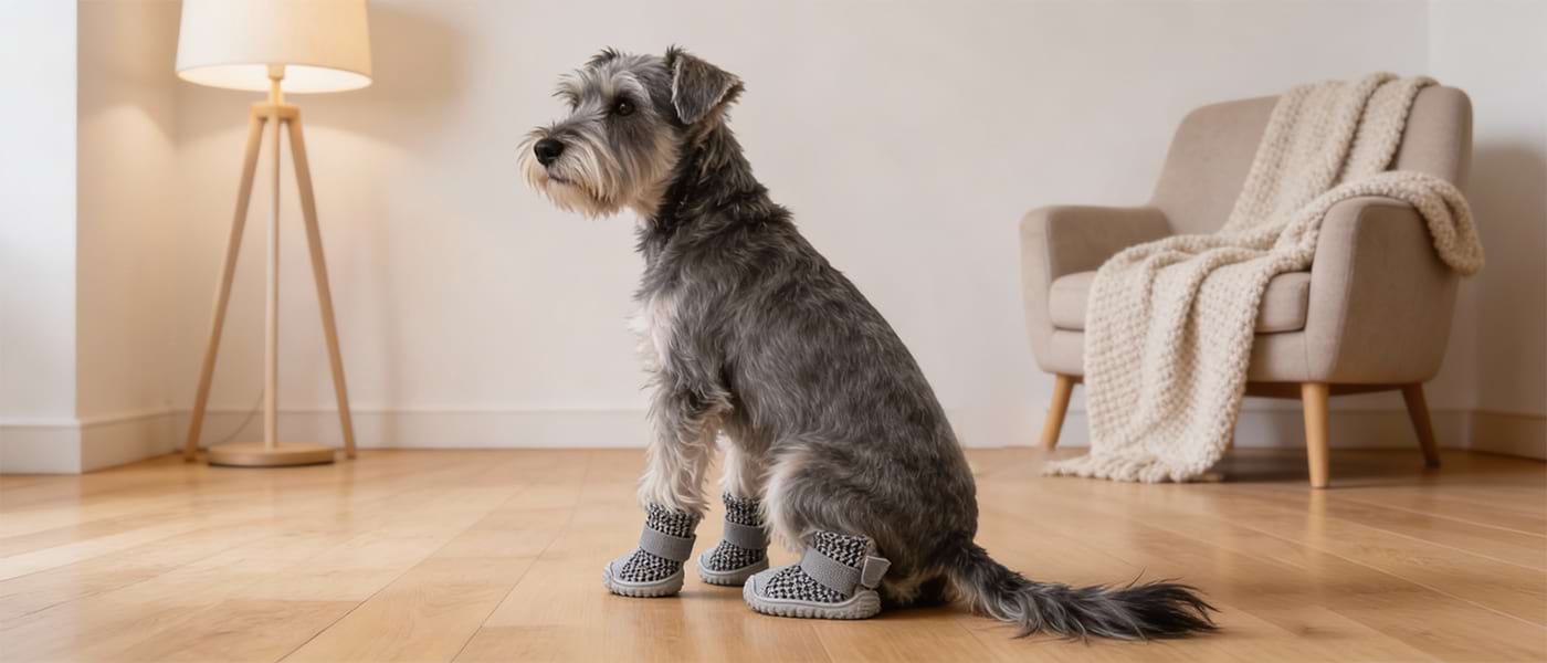 Schnauzer sitting calmly indoors wearing Grey Soft Dog Shoes that protect hardwood floors and furniture.